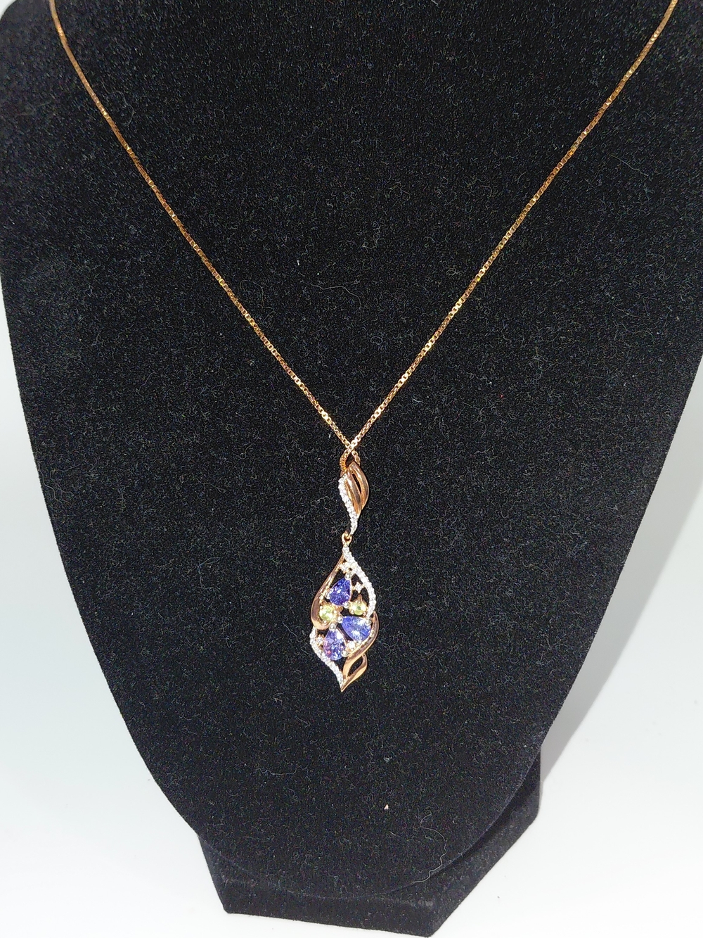 Tanzinite & Peridot Pendant Rose Gold Plated Setting & Chain VGC!